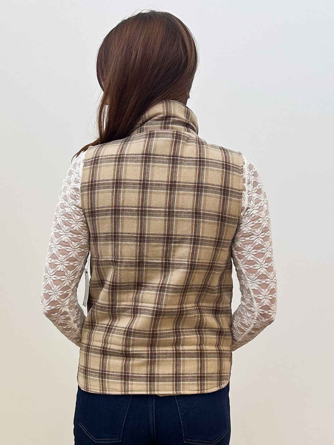 POLAR COLLAR ZIP UP PLAID PUFFER VEST- TAUPE