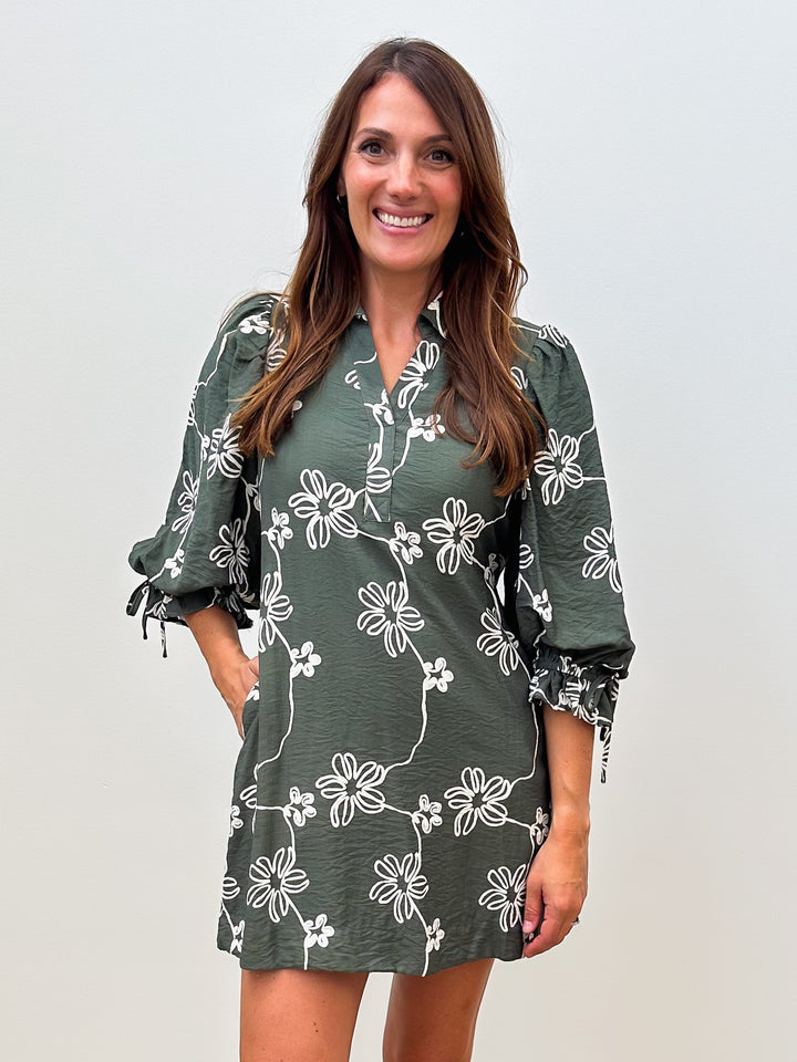 3/4 BALLOON SLEEVE FLORAL SHORT DRESS - OLIVE