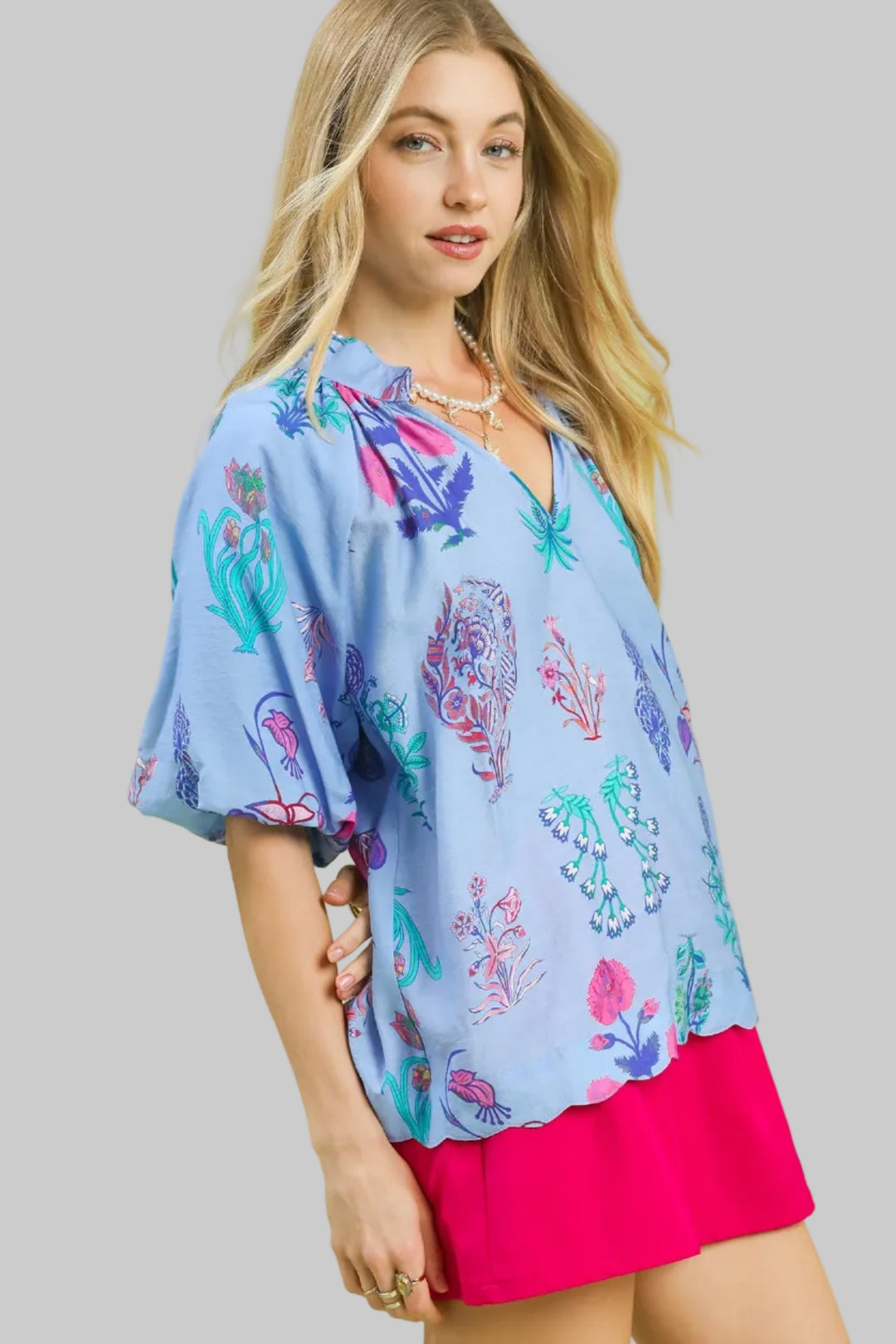 PUFF SLEEVE SCALLOPED EDGE FLORAL PRINT TOP - PERIWINKLE MIX