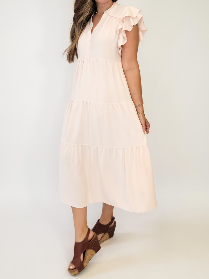 SPLIT NECK A-LINE TIERED MIDI DRESS W/RUFFLE SLEEVES - EGGSHELL CREAM