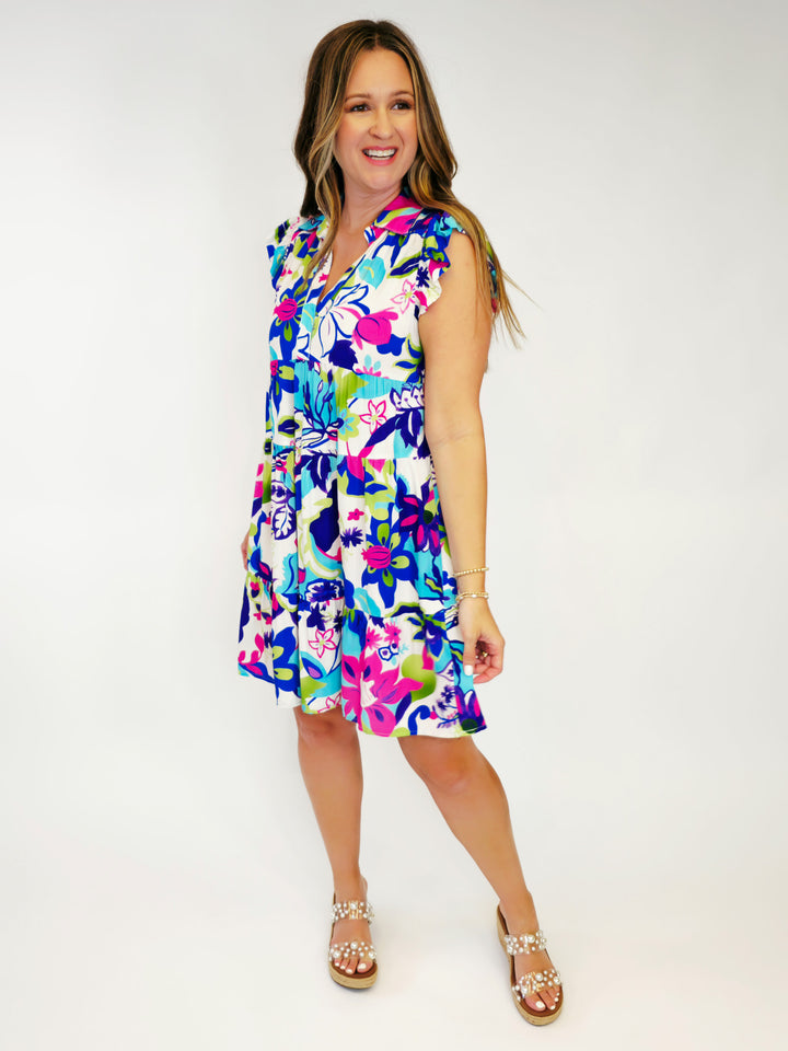 FLORAL PRINTED TIERED V-NECK SHORT DRESS - BLUE