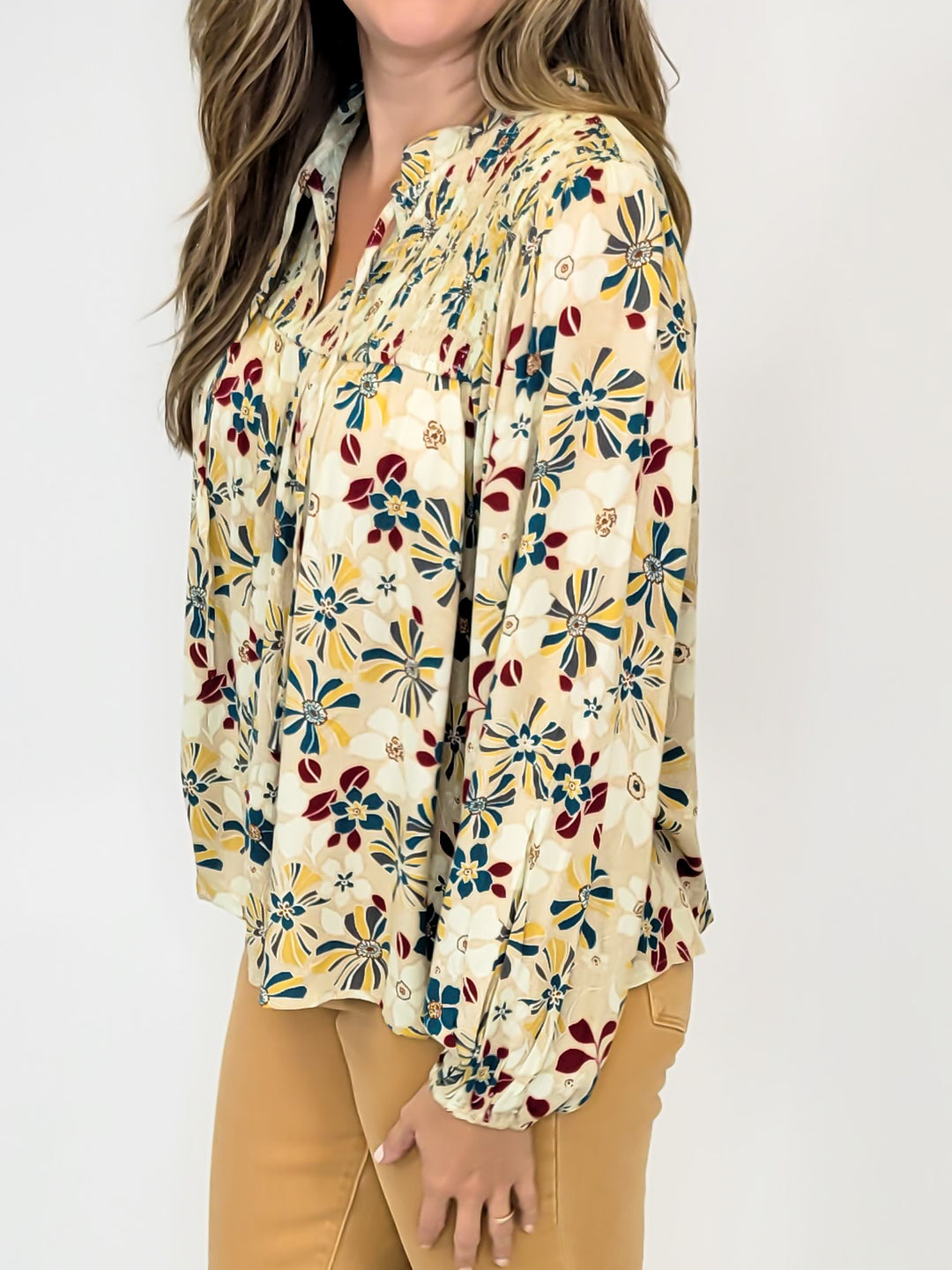 FLORAL PRINT TIE NECK SMOCKED LONG SLEEVE TOP - STONE