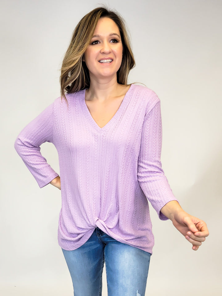 TWIST FRONT 3/4 SLEEVE SOLID KNIT TOP - LAVENDER