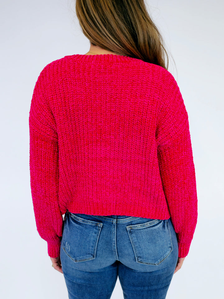 CHENILLE ROUND NECK CROP SWEATER - VIVA MAGENTA