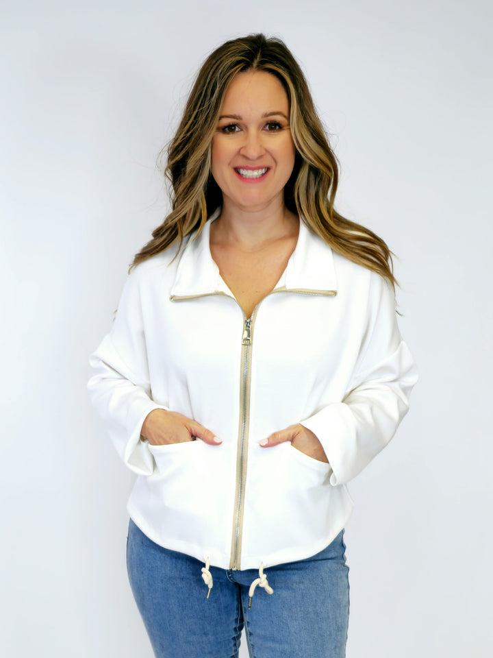 COLLARED FRONT ZIP SCUBA JACKET - CREAM - O/S