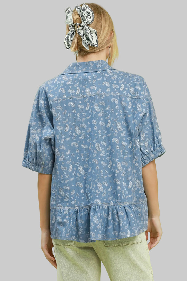COLLARED FRILLED HEM BUTTON DOWN CHAMBRAY TOP - LIGHT DENIM