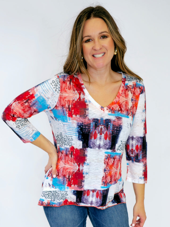 V-NECK 3/4 SLEEVE PRINTED TOP - CORAL