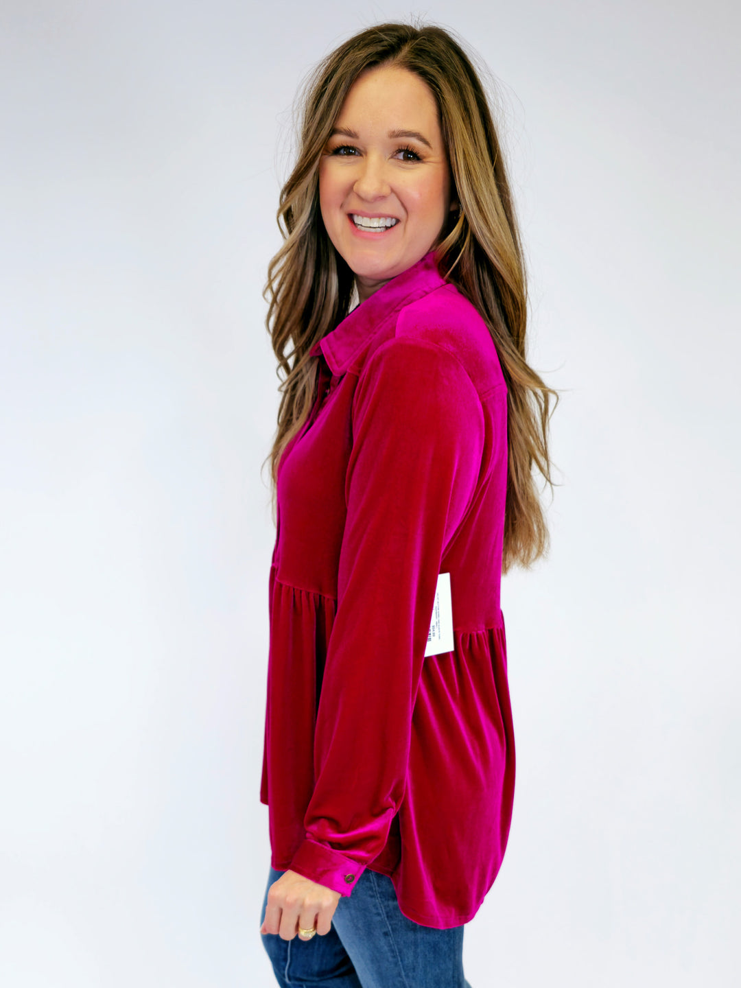 VELVET BUTTON DOWN LONG SLEEVE TUNIC - RASPBERRY