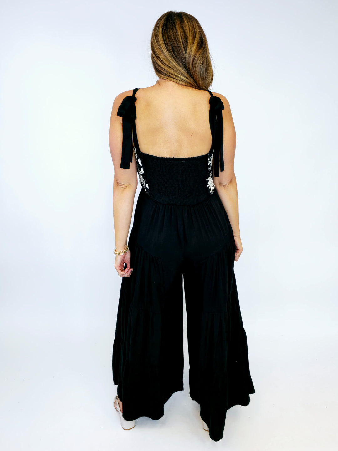 FLORAL EMBROIDERED TIERED LEG JUMPSUIT - BLACK