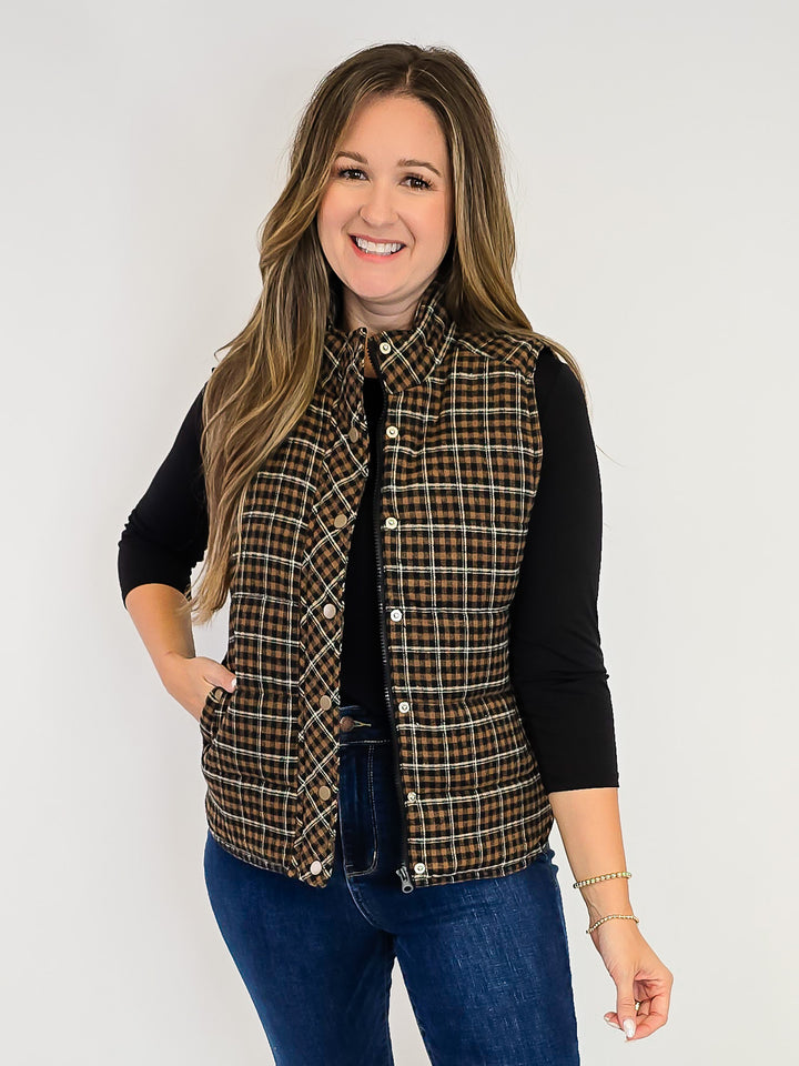 PLAID PUFFER VEST W/SNAP PLACKET - TAUPE
