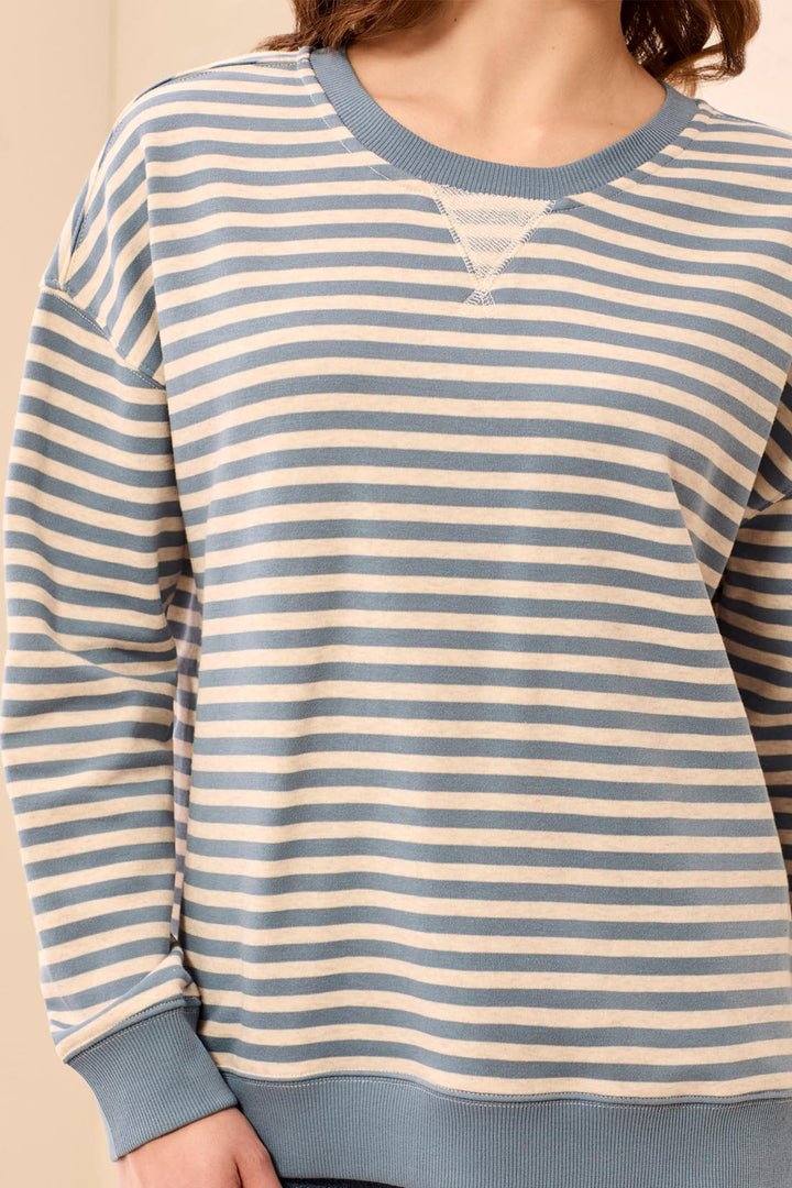 LONG SLEEVE CREW NECK TOP WITH COMBO - BLUE FOG