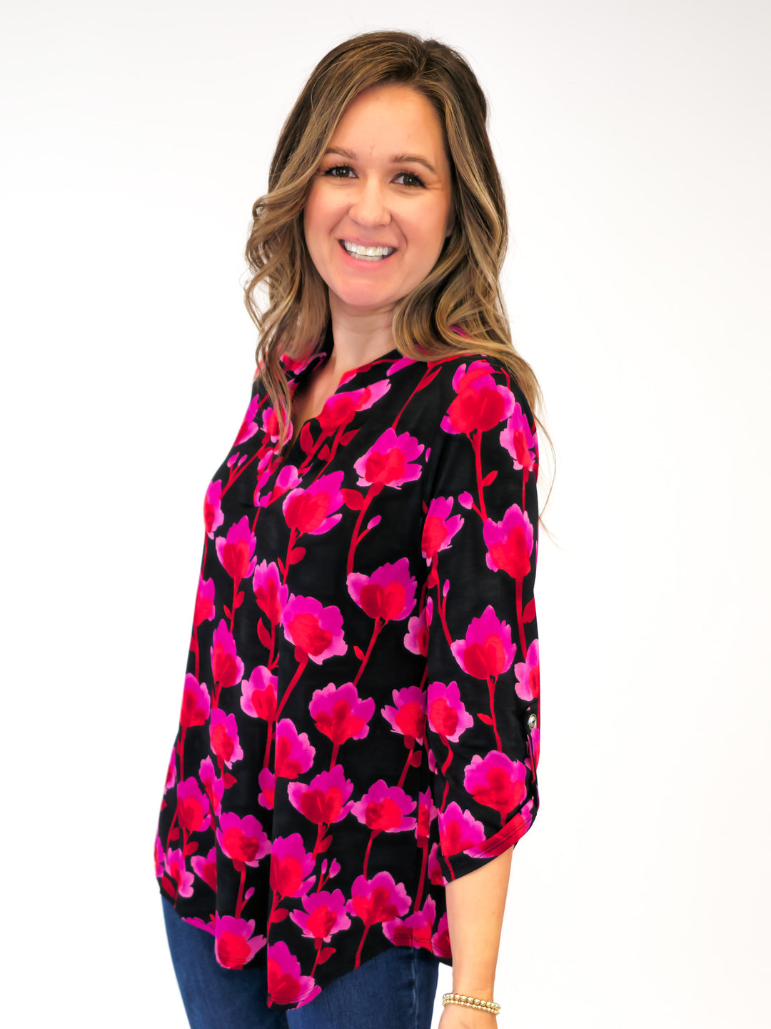 DEAR SCARLETT STRETCHY LIZ TOP WITH 3/4 SLEEVES - BLACK/FUCHSIA FLORAL