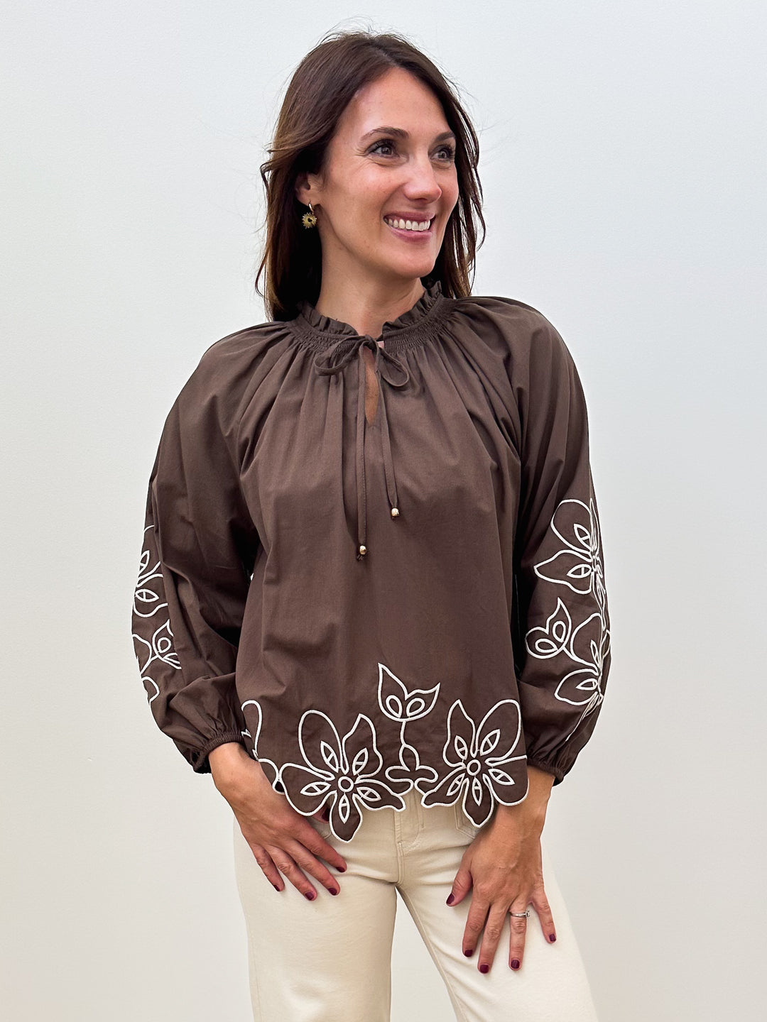 L/S RUFFLE NECK SELF TIE EMBROIDERED BLOUSE - BROWN