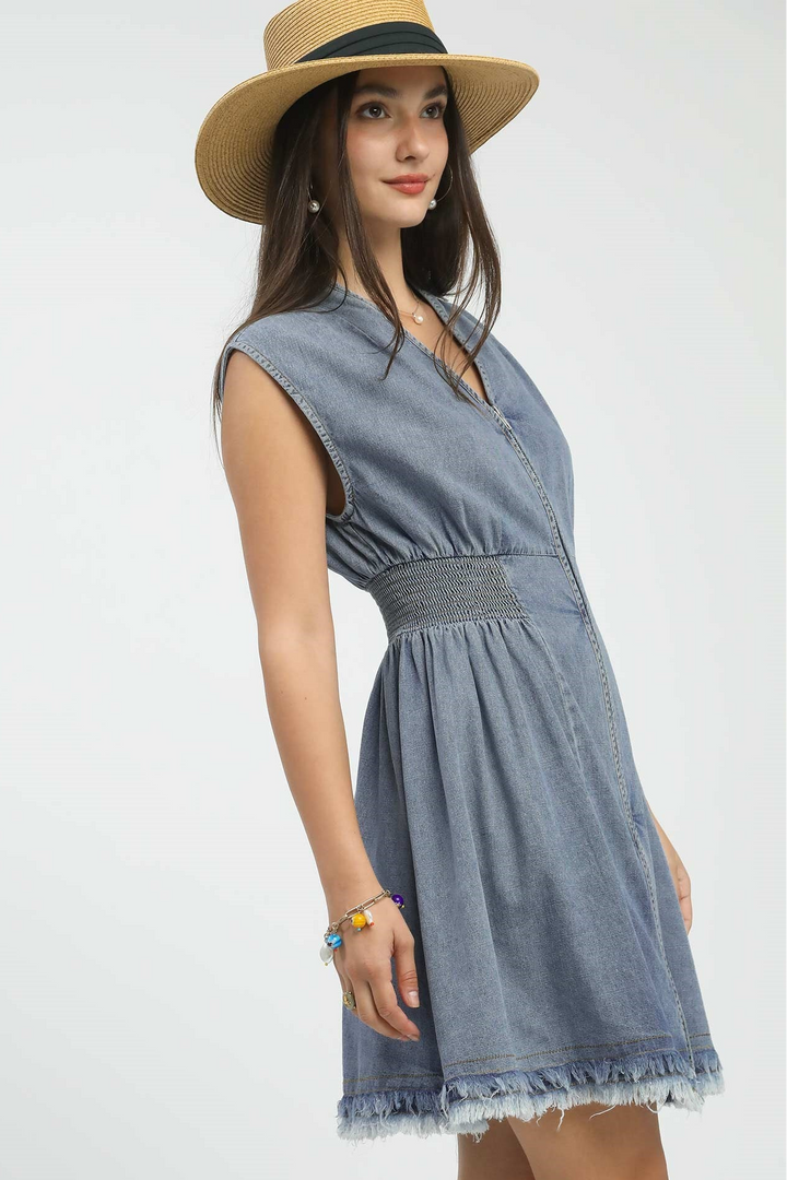 STONE WASHED DENIM SHORT DRESS W/ZIPPER - LIGHT DENIM