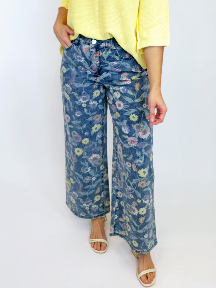 WASHED FLORAL PRINT TWILL PANTS - DENIM