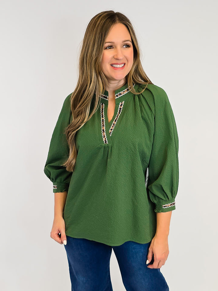 PUFF SLEEVE V-NECK TOP W/LEOPARD TRIM - OLIVE