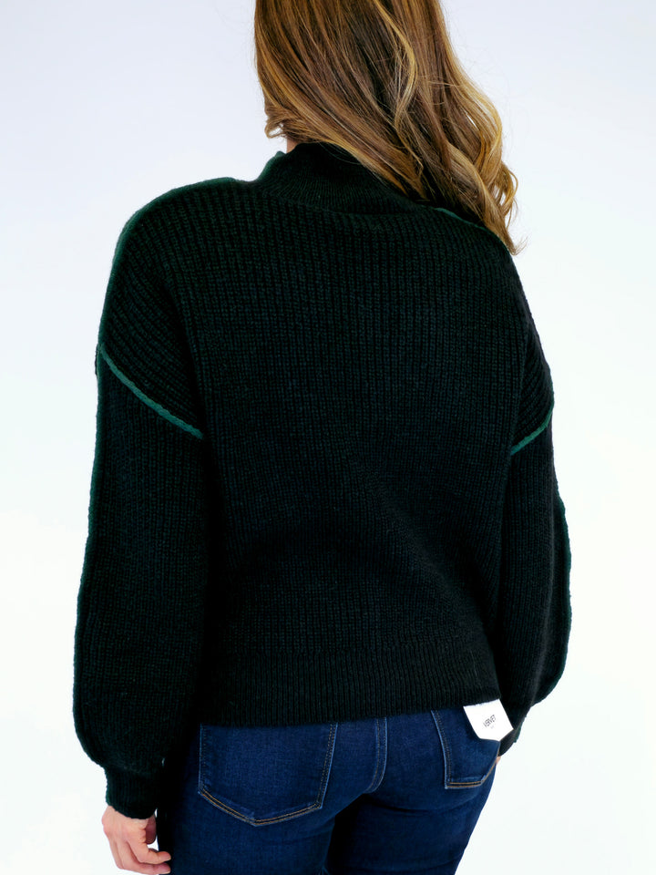 COLOR BLOCK MOCK NECK SWEATER - HUNTER GREEN