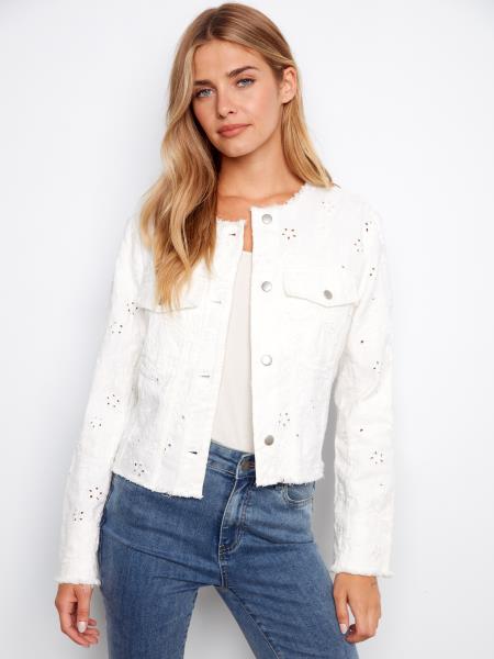 EYELET RING SPUN DENIM COLLARLESS JACKET - WHITE