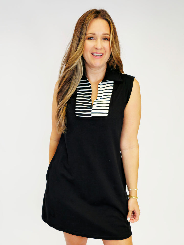 COLLARED KNIT STRIPED COLOR BLOCK DRESS - BLACK