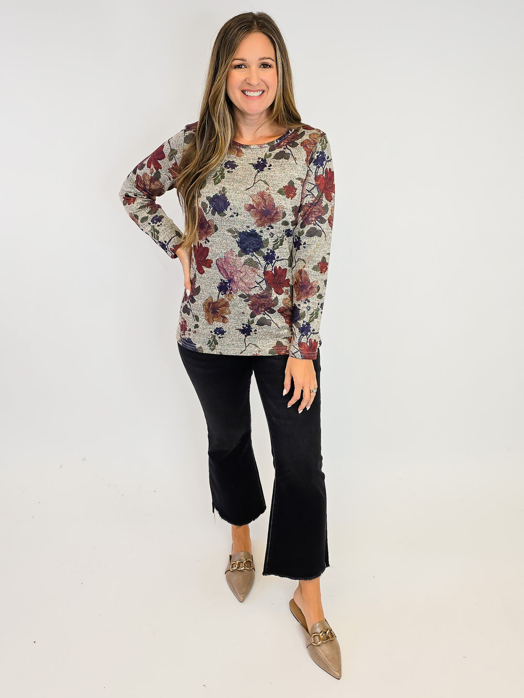 LONG SLEEVE FLORAL PRINT TOP - BURNT ORANGE/BEIGE