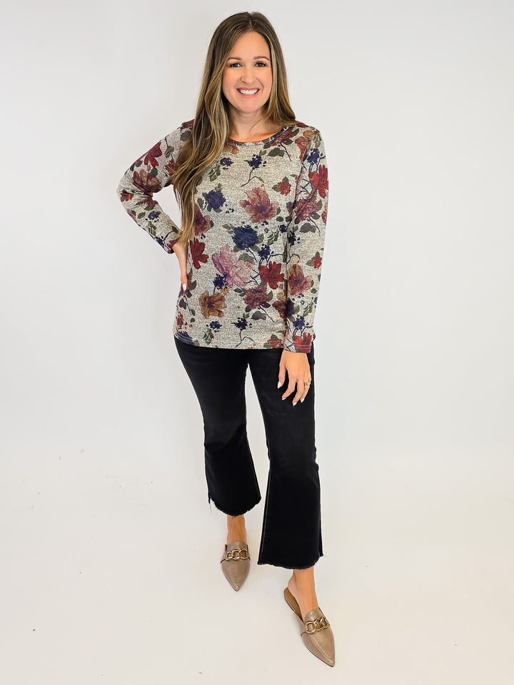 LONG SLEEVE FLORAL PRINT TOP - BURNT ORANGE/BEIGE