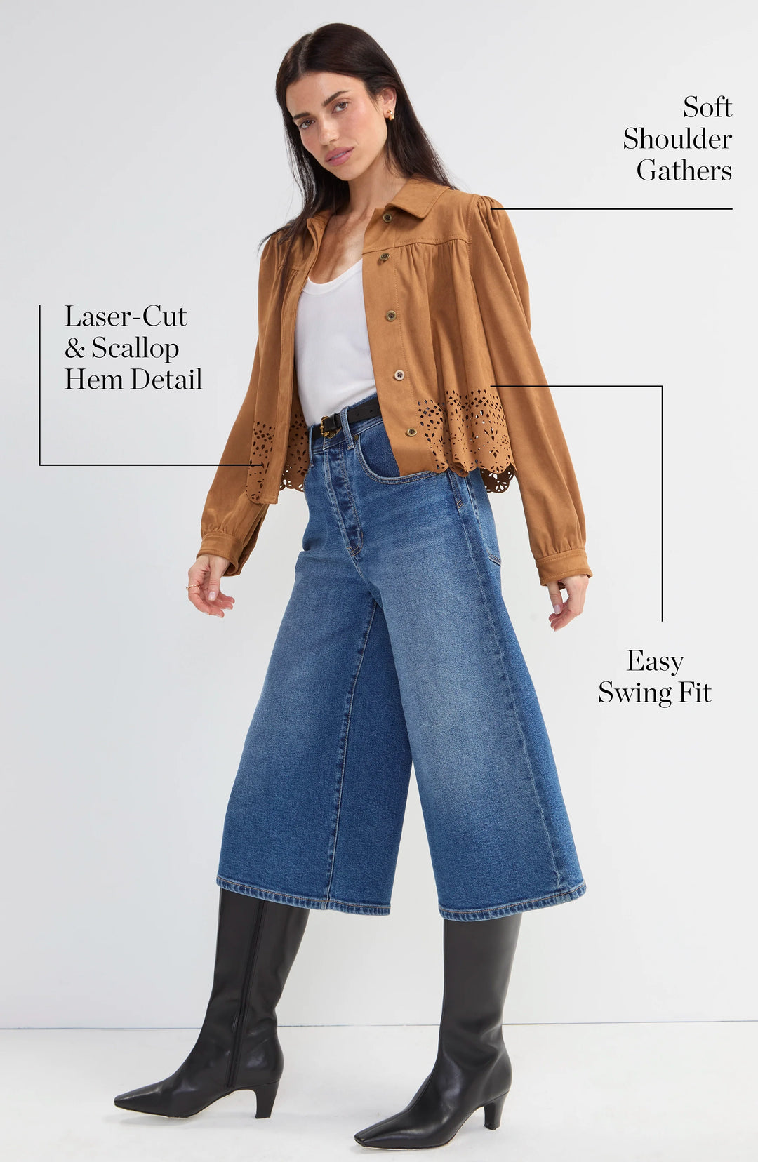PUFF SLEEVE JACKET W/LASER CUT HEM - CARAMEL