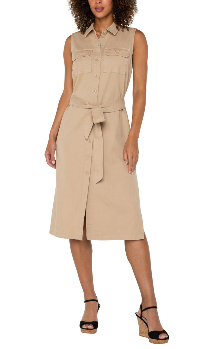 SLEEVELESS SHIRT DRESS W/SLITS - CAPPUCCINO