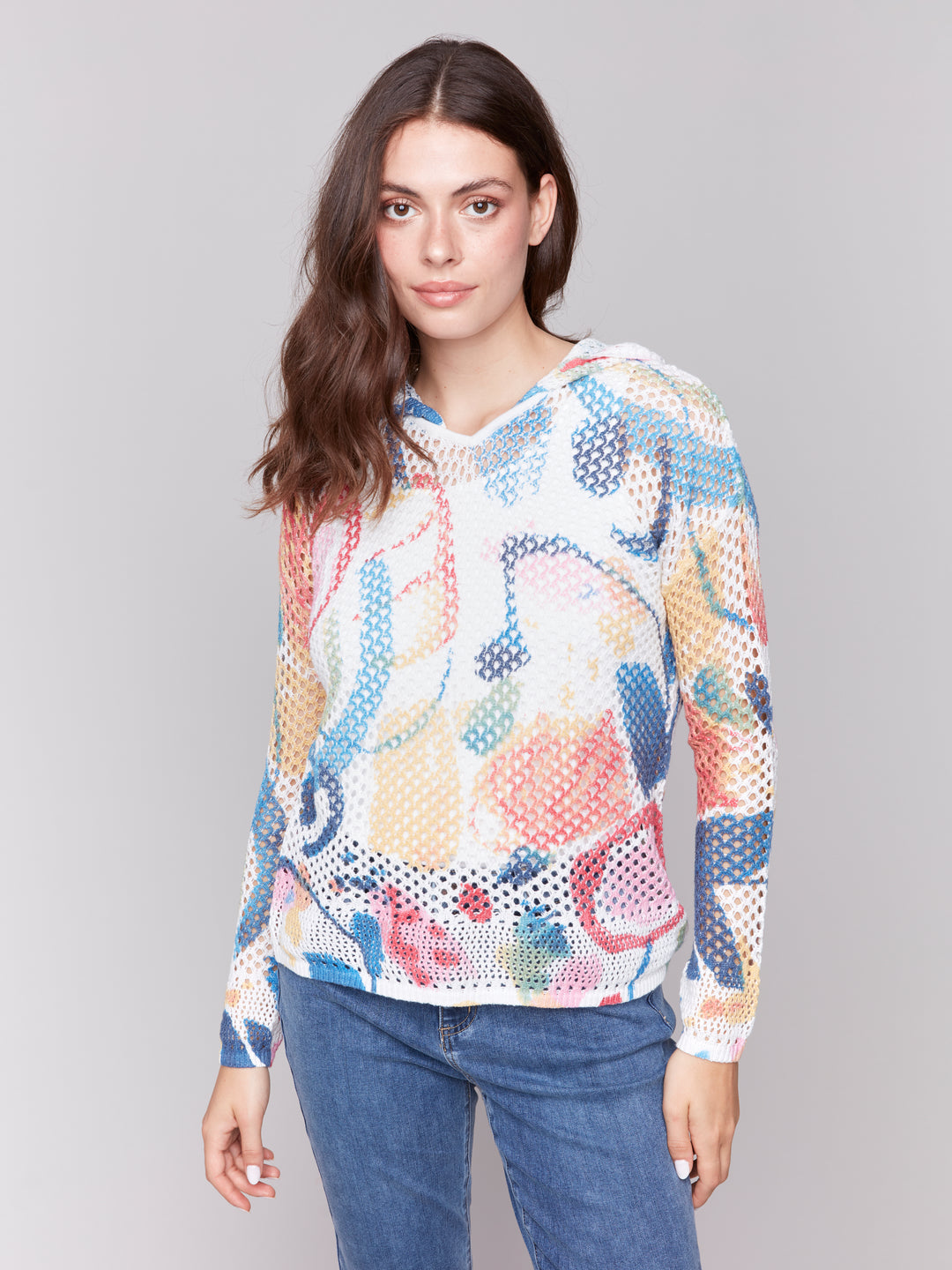 PRINTED FISHNET CROCHET HOODIE SWEATER - ABSTRACT