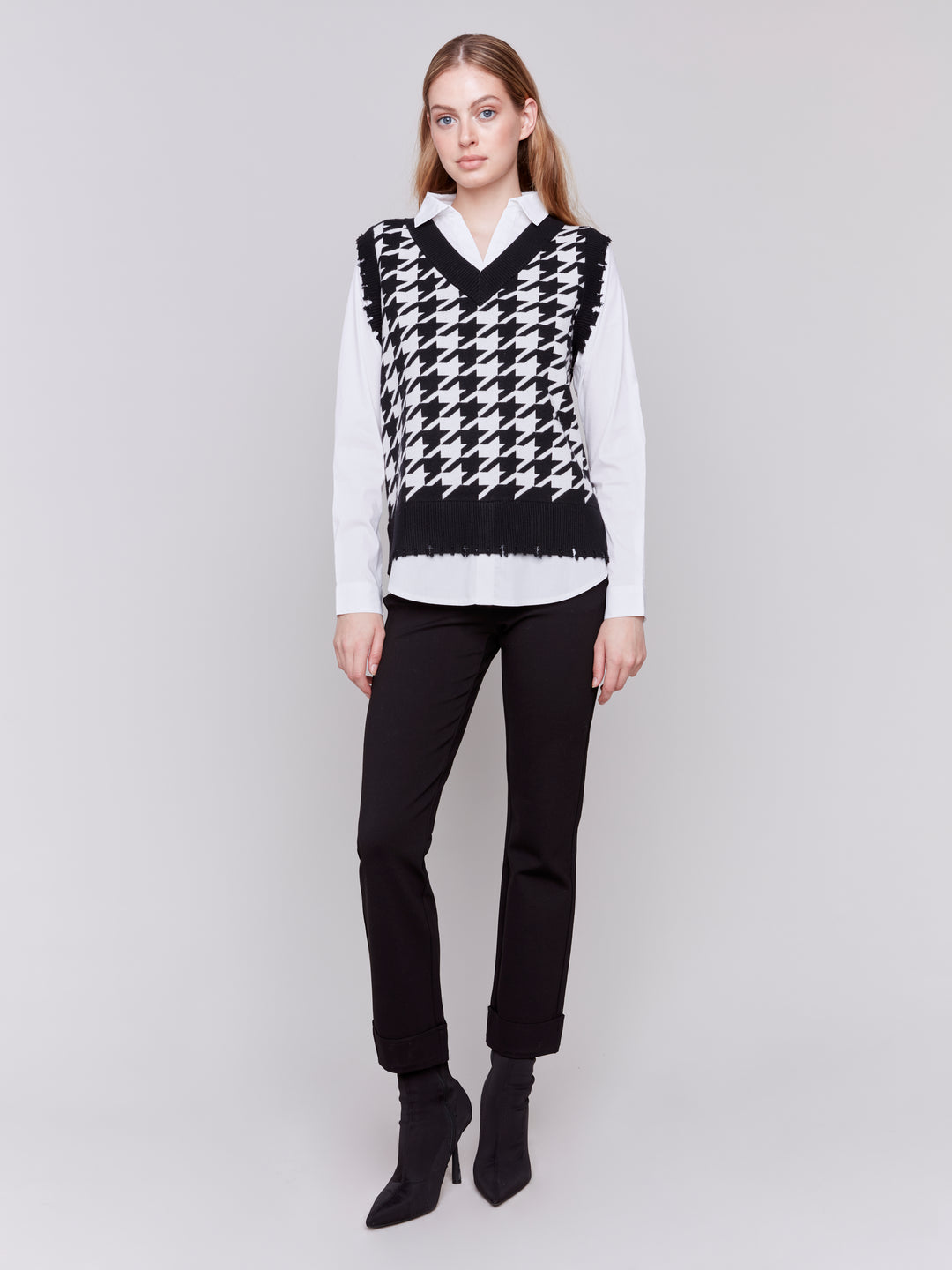 HOUNDSTOOTH FOOLER VEST W/SHIRT COLLAR - PEPPER