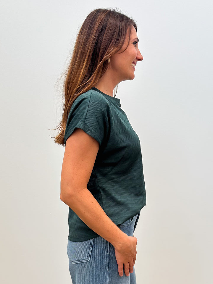 SHORT SLEEVE TEXTURED KNIT DOLMAN TOP - DARK GREEN