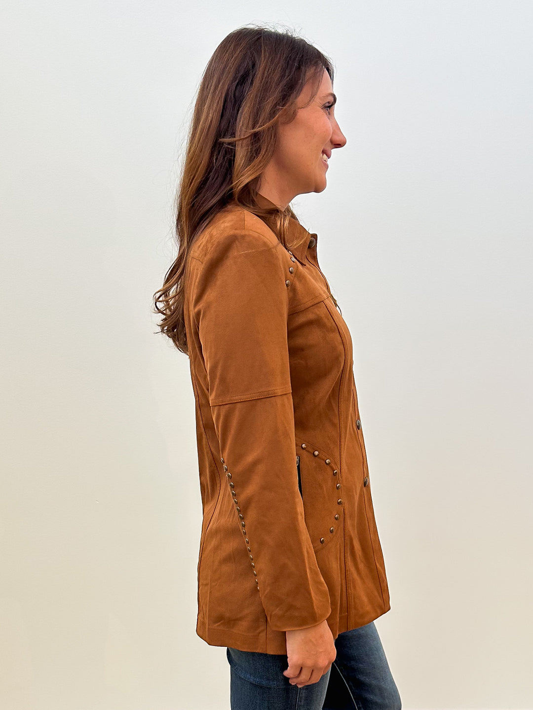 STUDDED BUTTON FRONT SUEDE LONG JACKET - BROWN