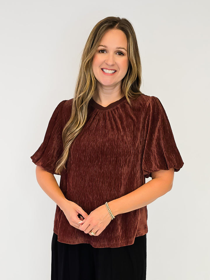 GOLD SPECKLED TEXTURED VELVET BUBBLE SLEEVE TOP - BROWN