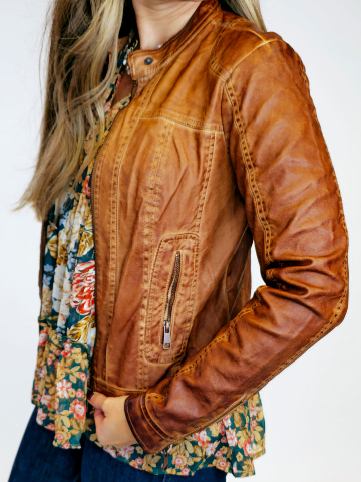 GARMENT DYE VEGAN LEATHER JACKET - TOBACCO