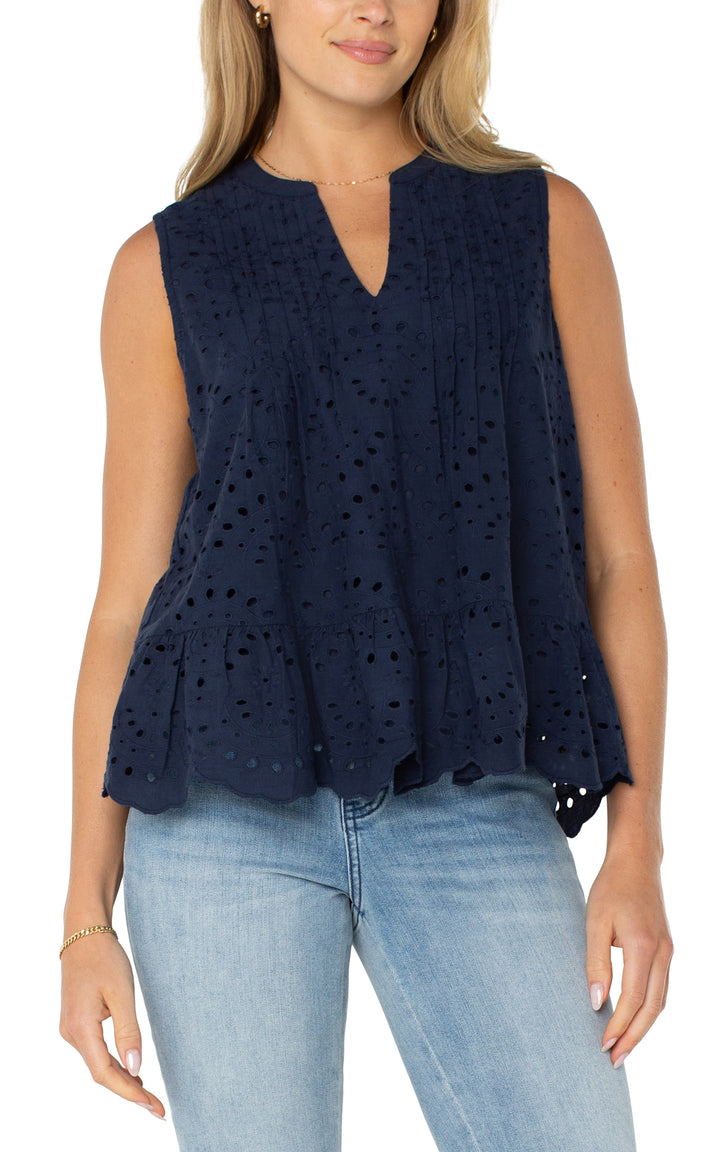 SLEEVELESS PINTUCK WOVEN TOP - NAVY