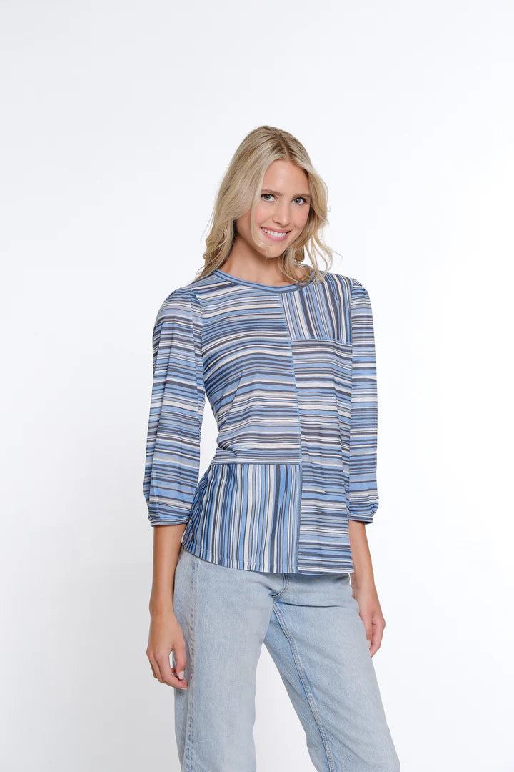 3/4 TUCK SLEEVE SCOOP NECK MULTI PANEL TOP - BLUE/GREY STRIPED