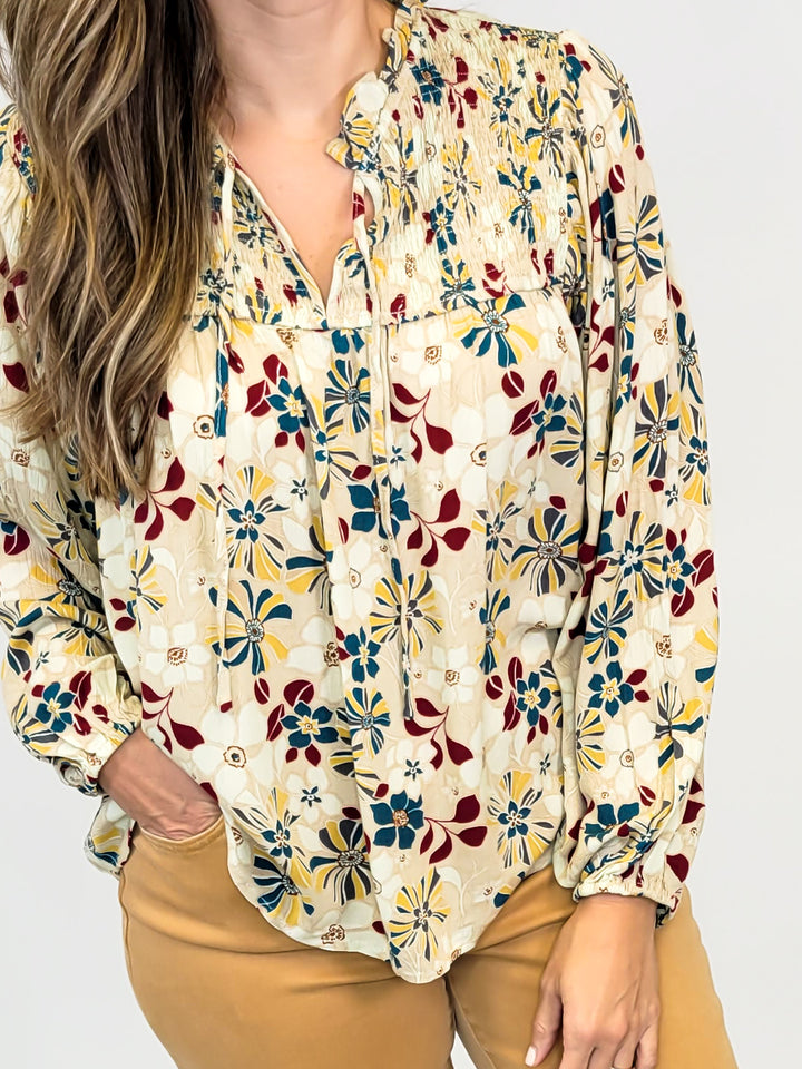 FLORAL PRINT TIE NECK SMOCKED LONG SLEEVE TOP - STONE