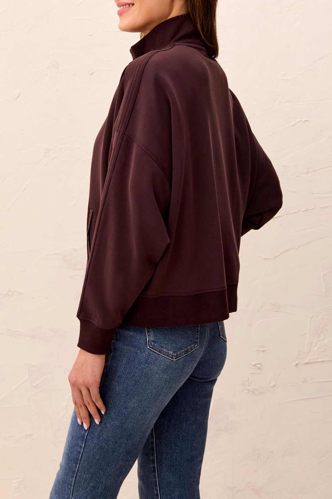 LONG SLEEVE KNIT BOMBER WITH FAUX LEATHER TRIM AND FANCY DETAIL - SADDLE BROWN