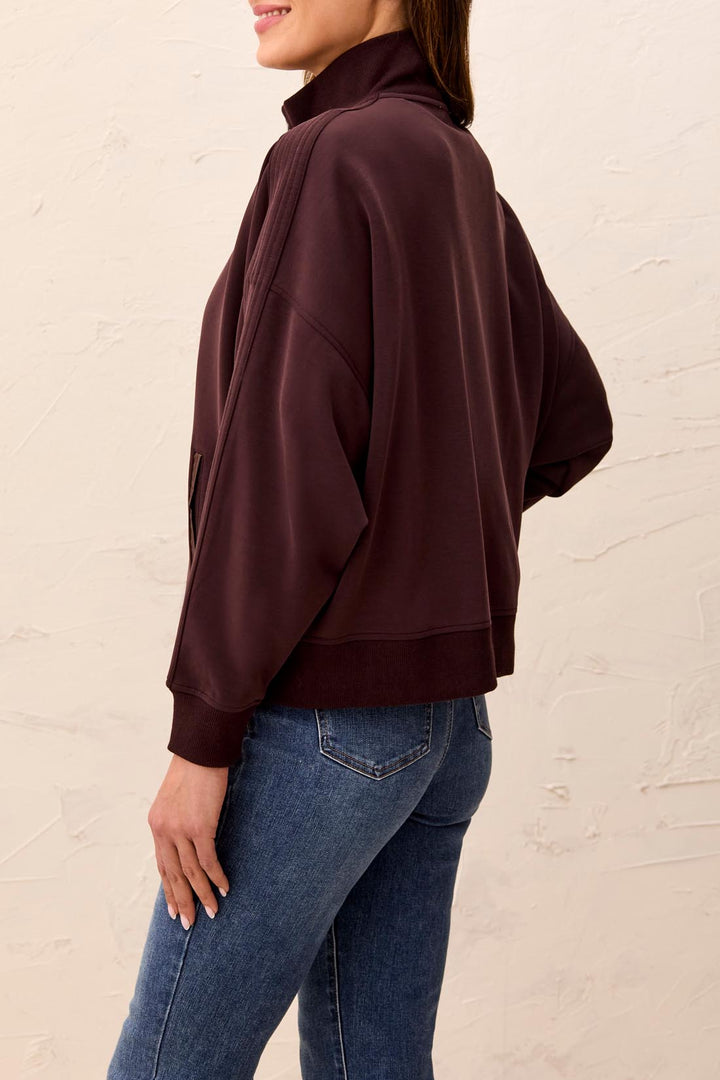 LONG SLEEVE KNIT BOMBER WITH FAUX LEATHER TRIM AND FANCY DETAIL - SADDLE BROWN