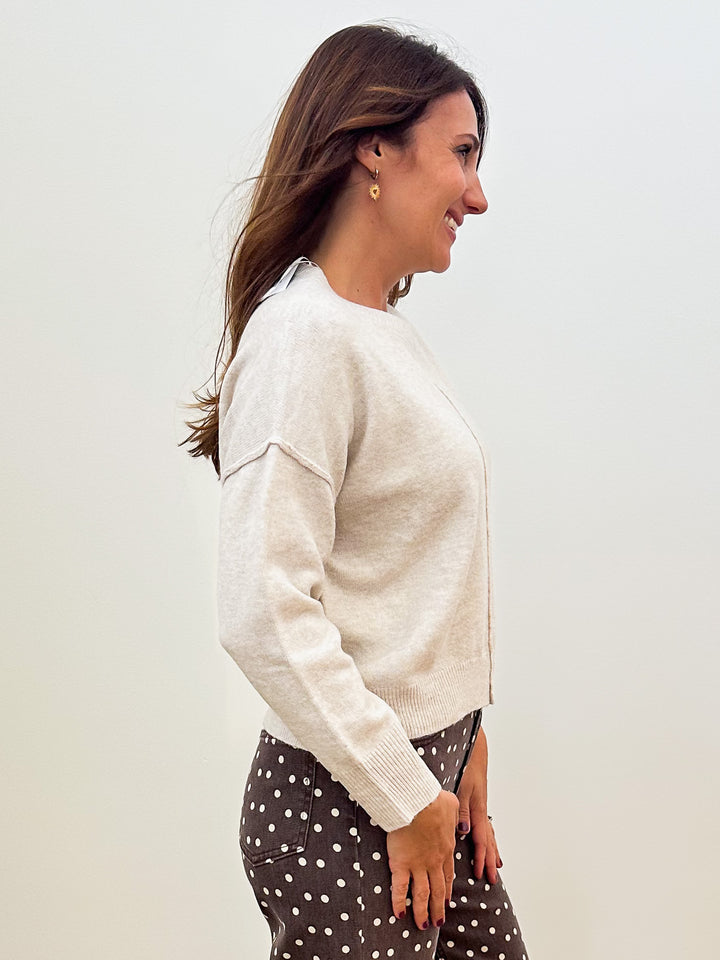 L/S CREW NECK W/CENTER SEAM SWEATER - OATMEAL