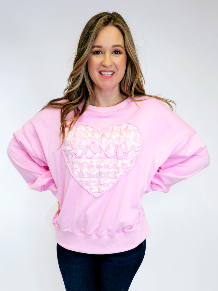 HEART GINGHAM & XOXO OVERSIZED SWEATSHIRT - LIGHT PINK