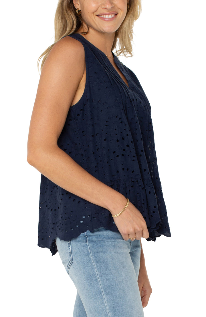 SLEEVELESS PINTUCK WOVEN TOP - NAVY