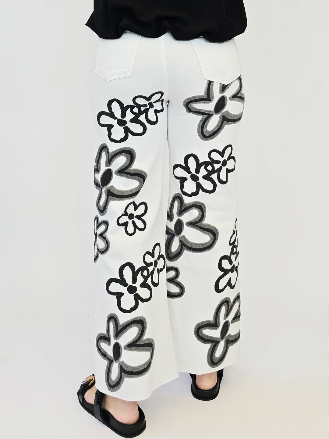 FLOWER PRINT WASHED TWILL WIDE LEG PANTS - WHITE
