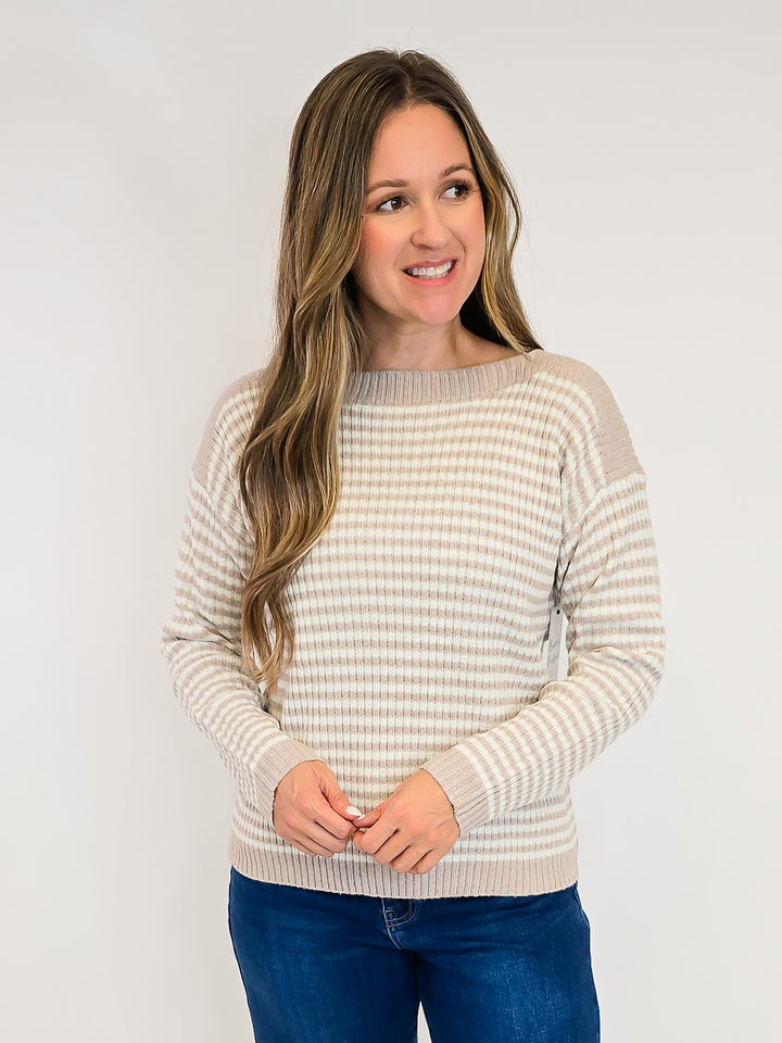 STRIPED BOAT NECK SWEATER - OATMEAL