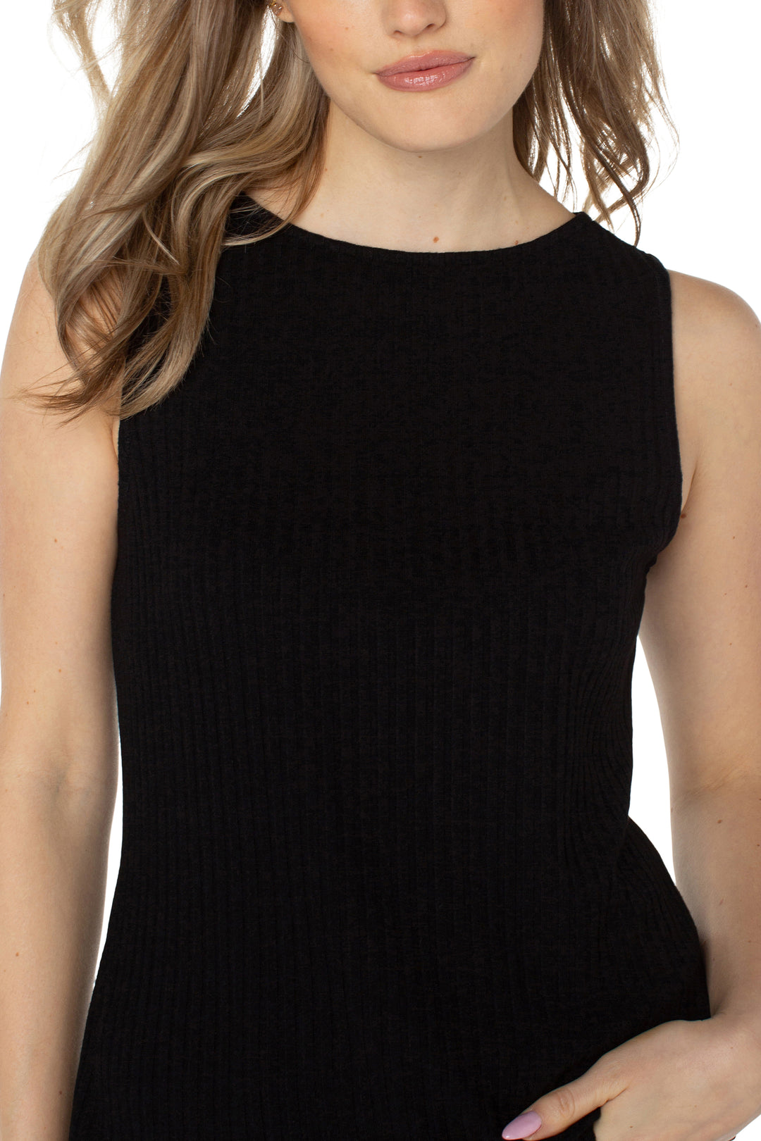 SLEEEVLESS BOAT NECK RIB KNIT TOP - BLACK