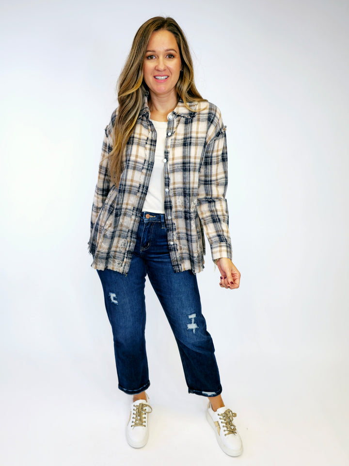 COLLARED PLAID BUTTON UP SHACKET - WASHED NAVY