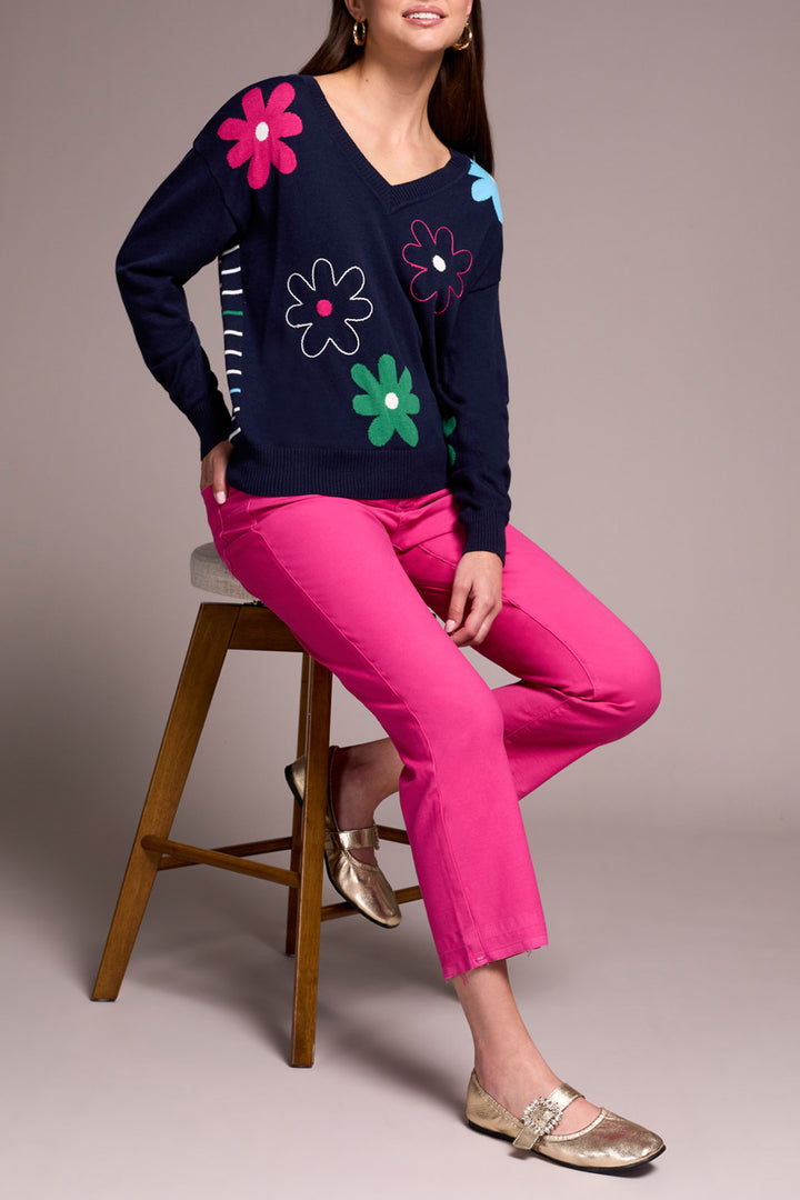 V-NECK JACQUARD EMBROIDERED SWEATER - NIGHT FALL