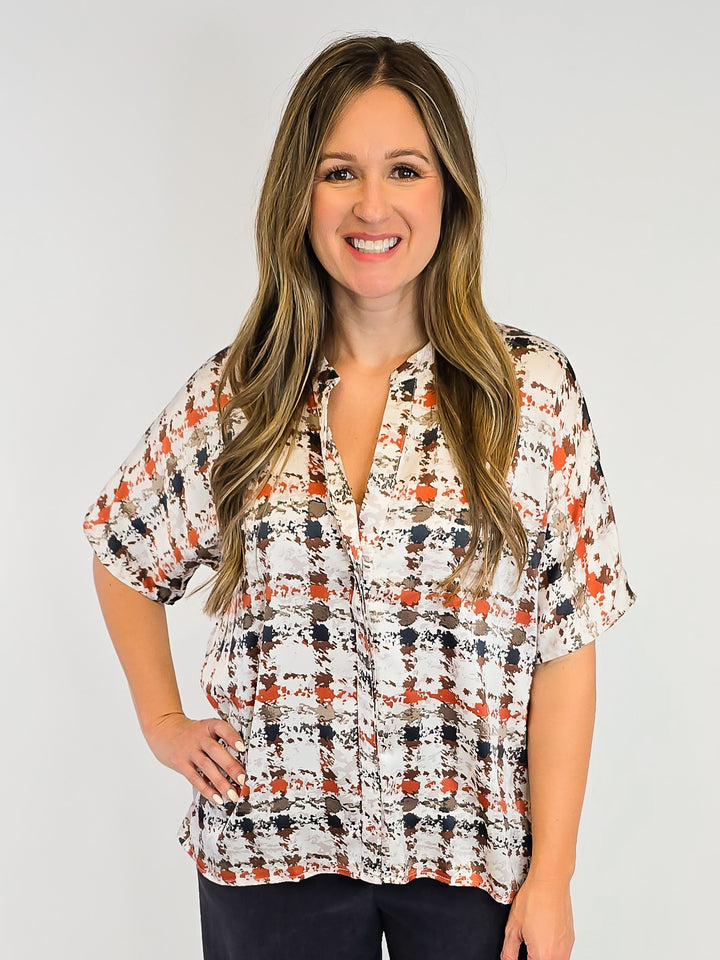 SHORT DOLMAN SLEEVE PLAID TOP - RUST COMBO