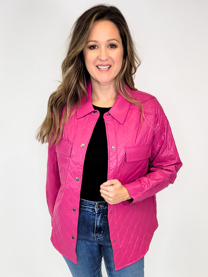 QUILTED FAUX LEATHER SHACKET - DARK FUCHSIA