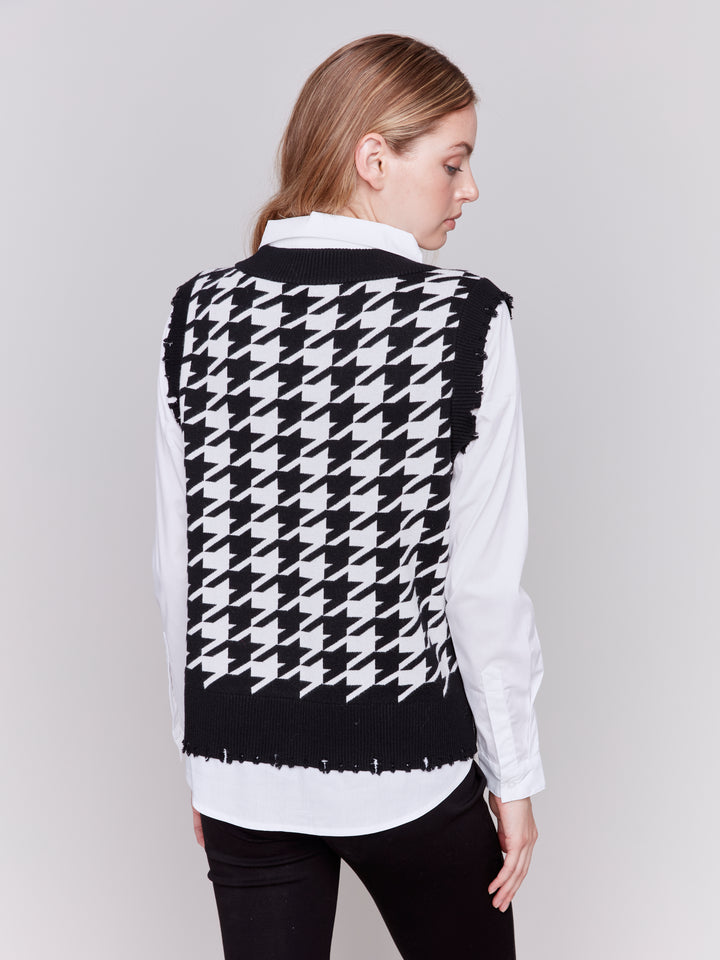 HOUNDSTOOTH FOOLER VEST W/SHIRT COLLAR - PEPPER