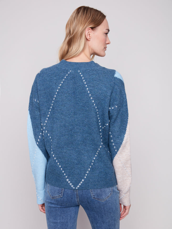 V-NECK ARGYLE JACQUARD SWEATER - DENIM